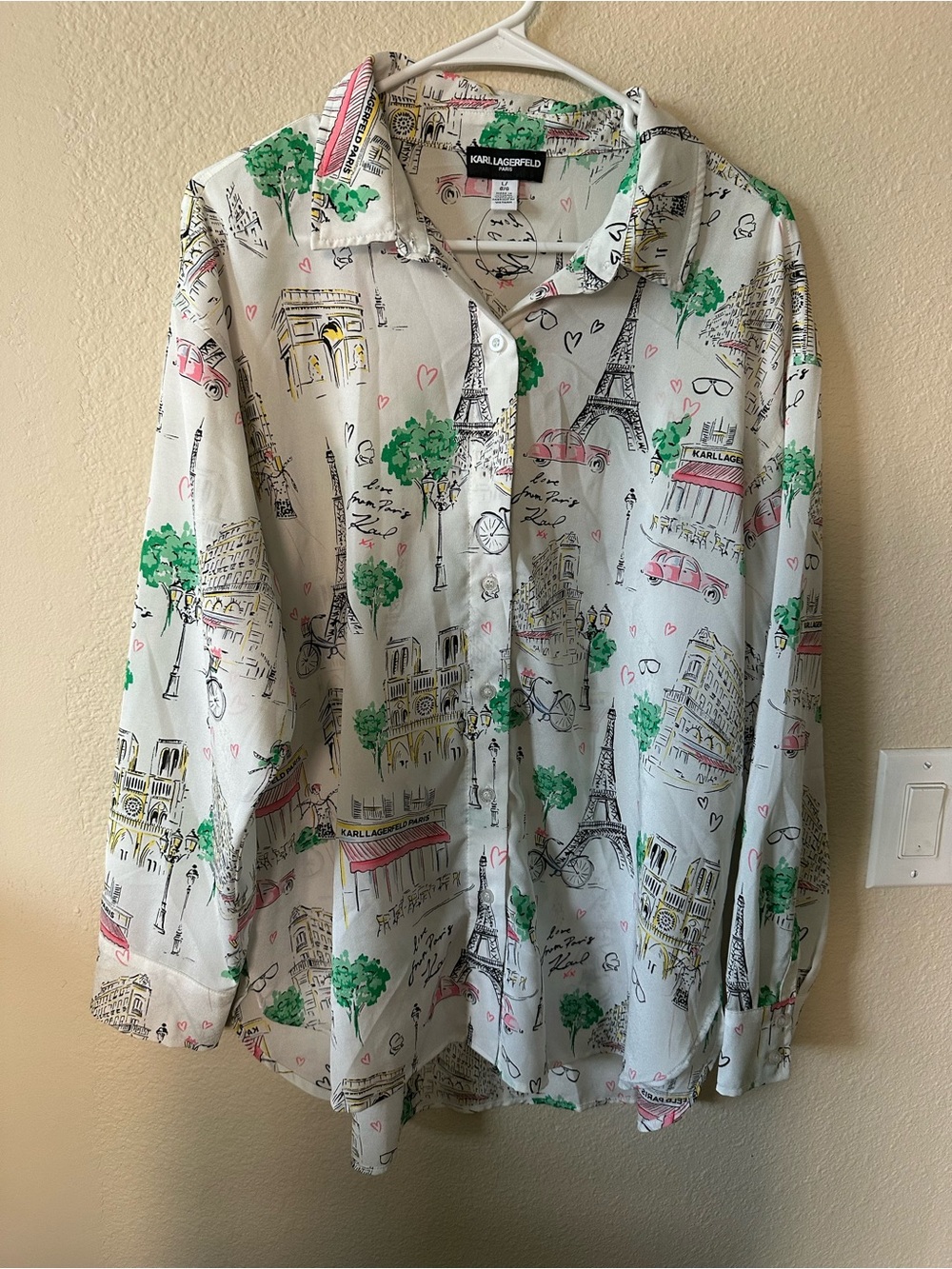 Karl Lagerfeld White Paris Sketch-Print Button Down Shirt size L/ NWOT 1433